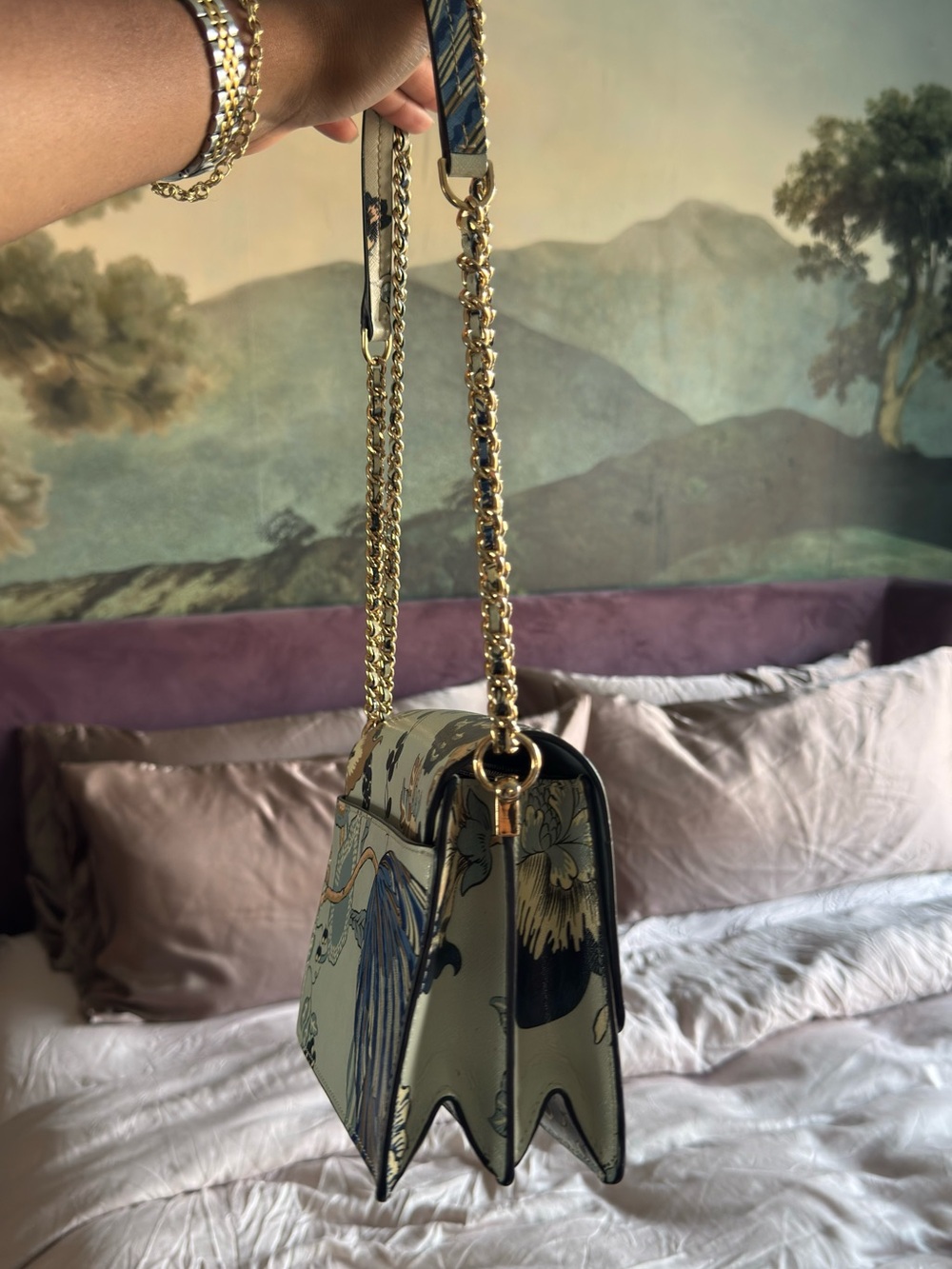 Tory Burch Robinson Floral Chain Shoulder Bag in Light Blue - Picture 2 of 8